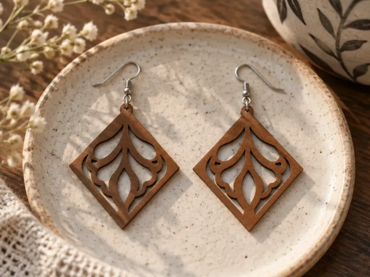 [Laser cut and engrave] Diamond Shaped Filigree Wooden Dangle Earrings