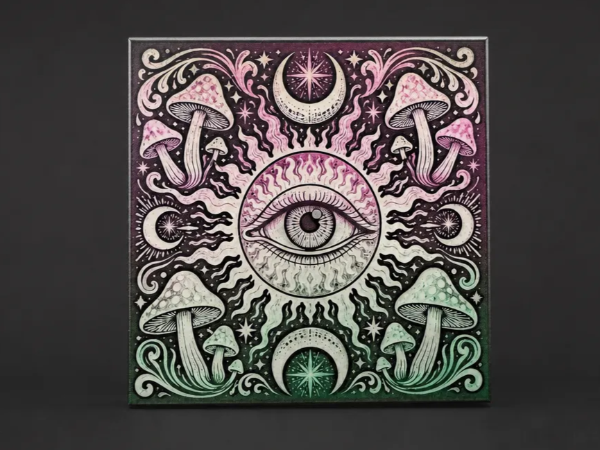 Fluorescent Painted White Tile Mystical Eye and Mushroom Art