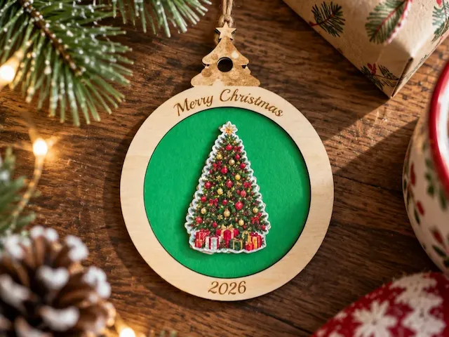 Merry Christmas 2026 Tree Ornament with Festive Gift Motif