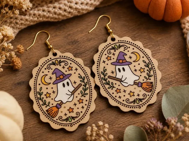 Halloween Ghost Witch Earrings Laser Cut File, Wood Jewelry Template (SVG, DXF, PDF)