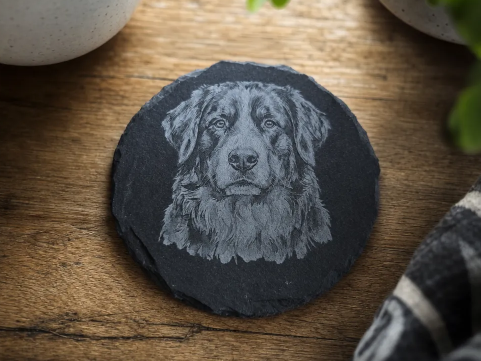 Round Slate Coaster Featuring a Detailed Bernese Mountain Dog Portrait laser engraved pet portrait idea