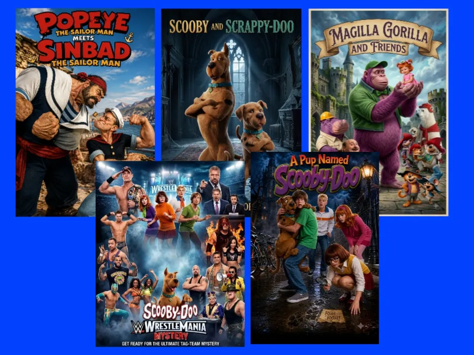 Collection of Classic Cartoon and Wrestling Crossover Movie Posters