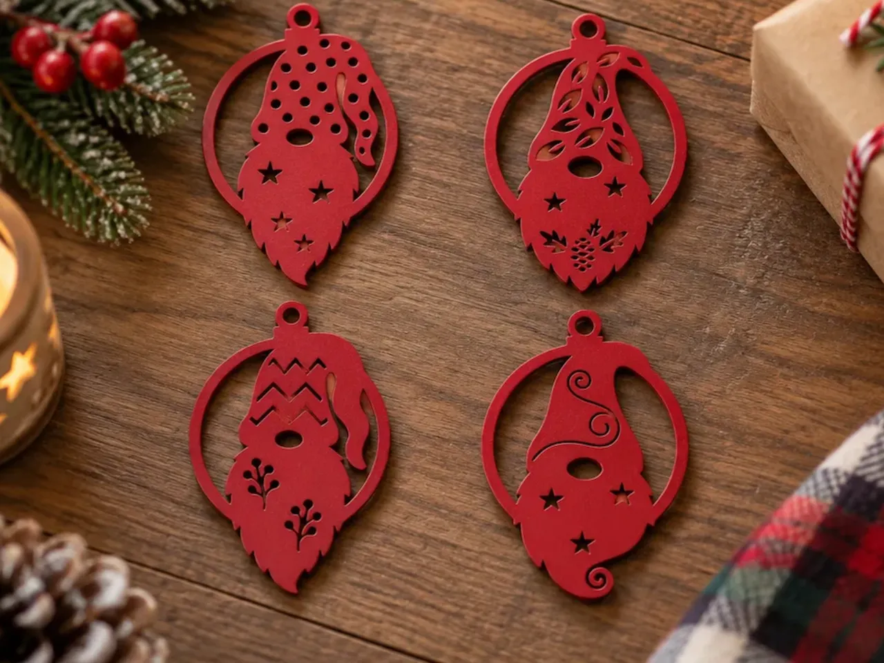[Laser cut and engrave,Other] Red Gnome Christmas Ornaments with Cutout Patterns