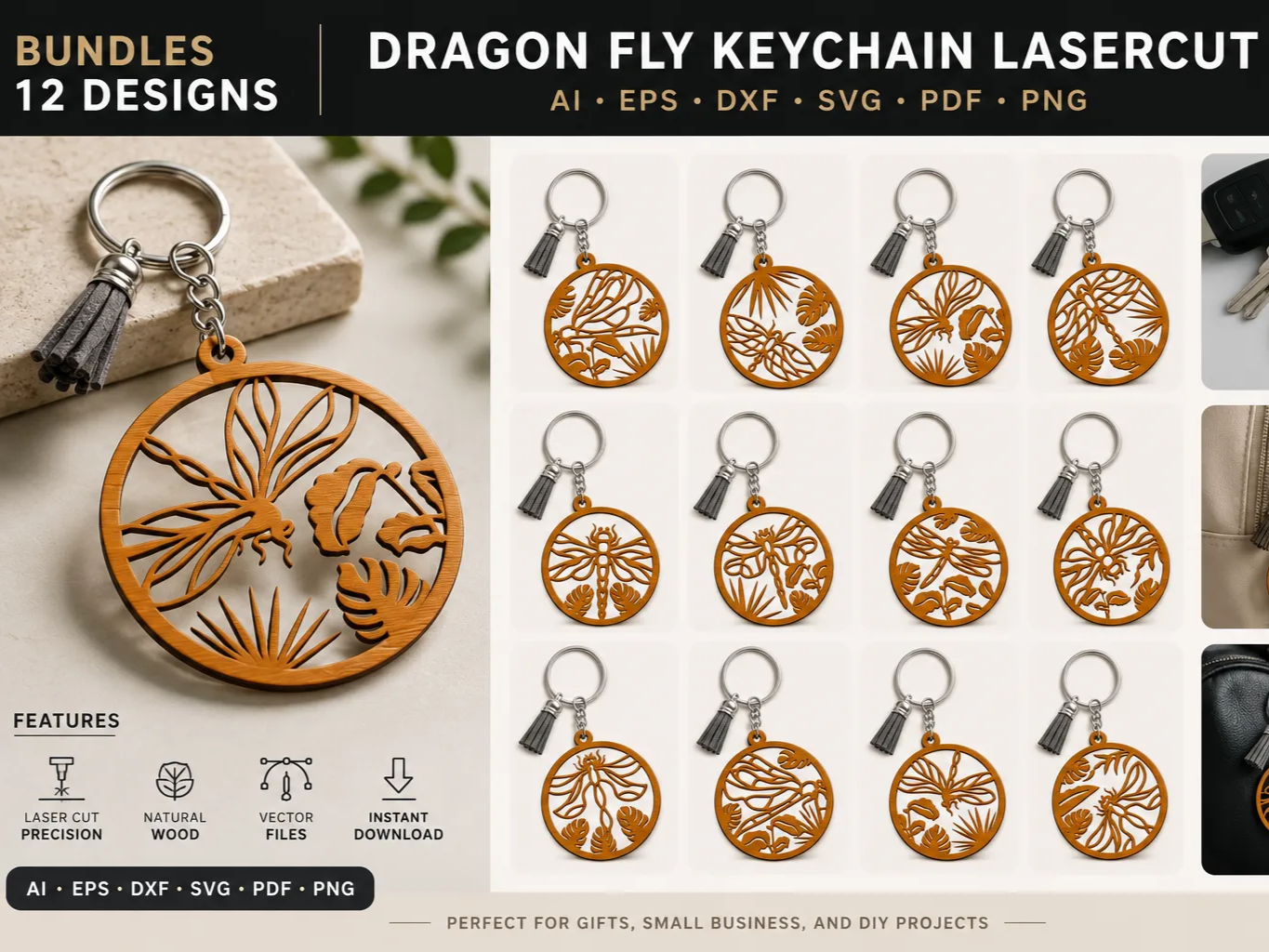 Round Dragonfly Keychain with Tropical Leaf Motif