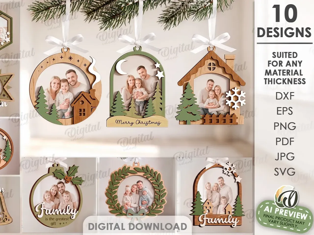 [Laser cut and engrave] 3D Christmas Ornament Frames Bundle. Xmas Tree Picture Frame Laser Cut File. Family Photo Holder. Holiday Decor. Xmas Quotes SVG