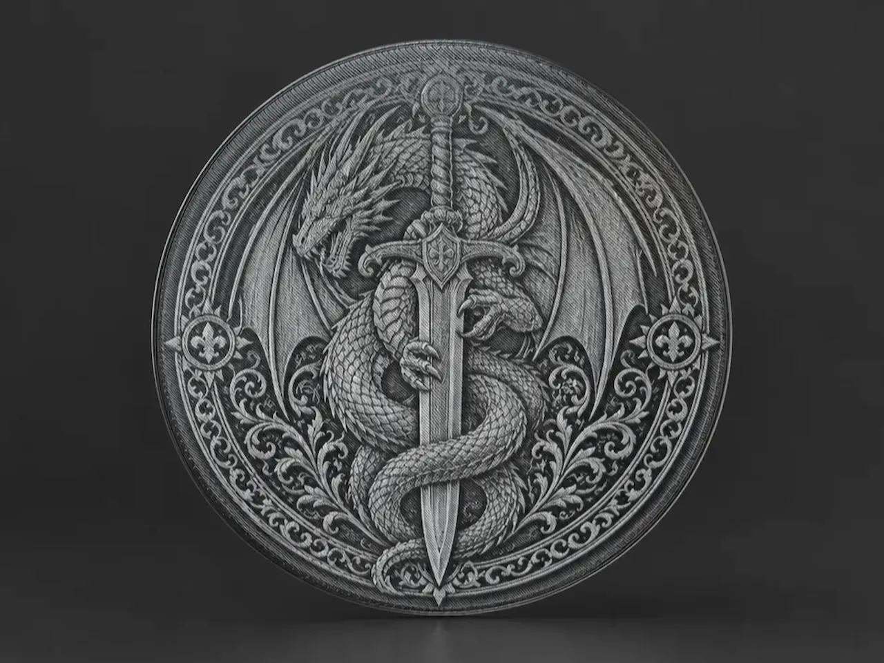 [Laser cut and engrave] Circular Medallion Featuring a Detailed Dragon Coiled Around a Sword