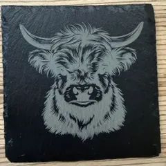 [Laser cut and engrave] Square Slate Coasters Featuring Highland Cow Illustrations