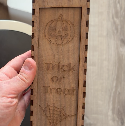 [Laser cut and engrave] Trick or Treat wooden sliding candy box with pumpkin and spider motif