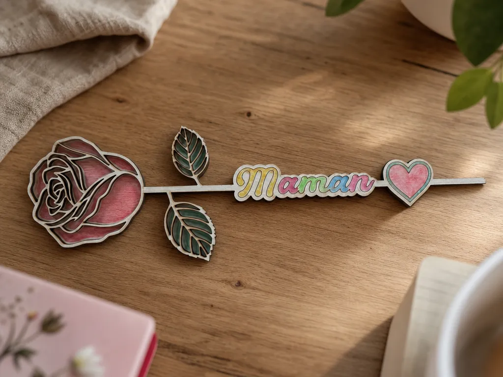 Rose décorative en bois avec inscription Maman et cœur