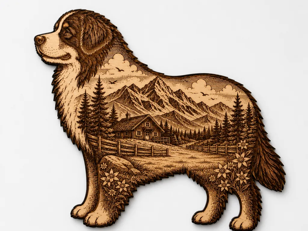 Bernese Mountain Dog Scenic Cut and Engrave