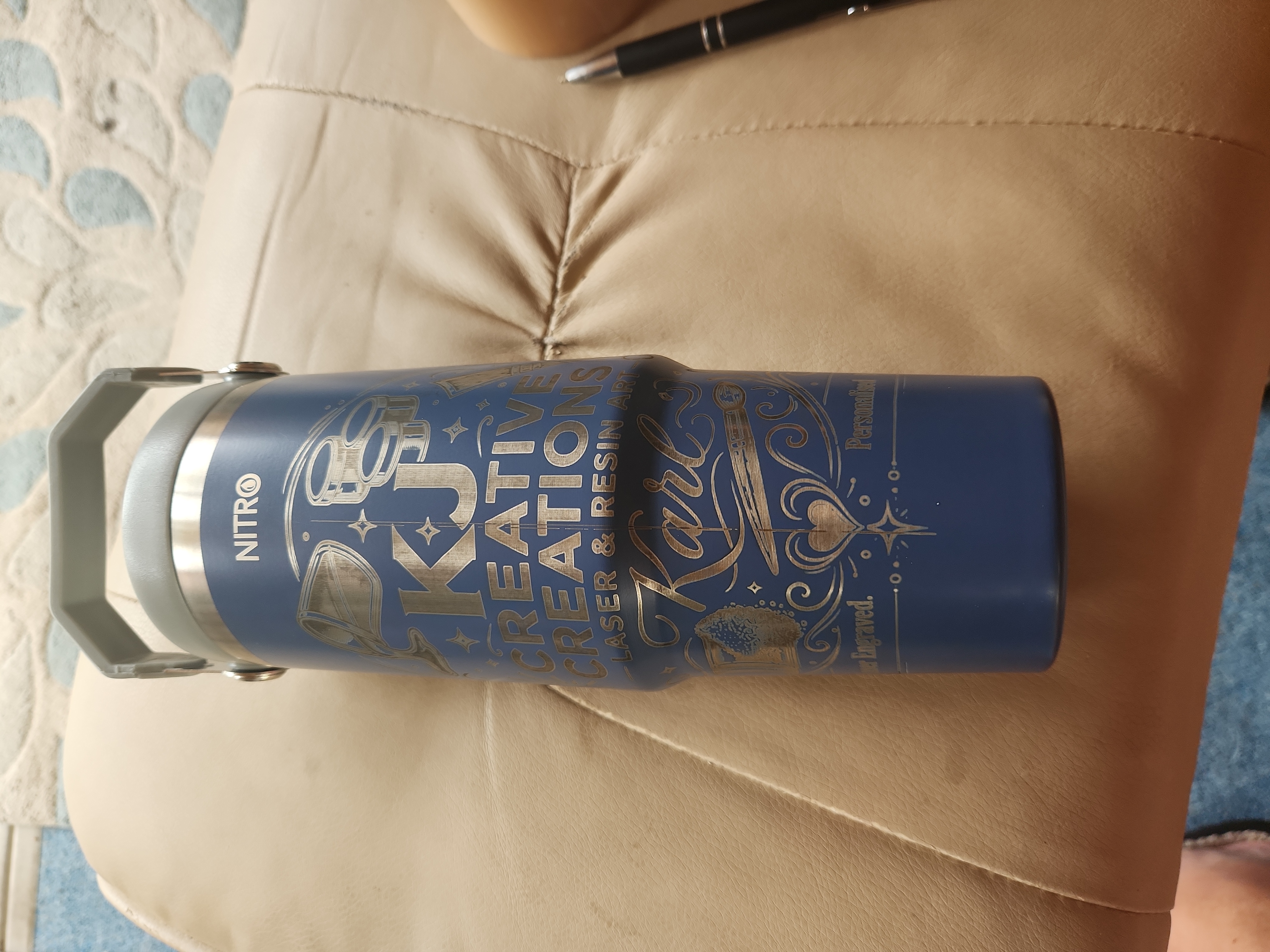 [Laser cut and engrave] Blue Insulated Stainless Steel Travel Tumbler with Handle