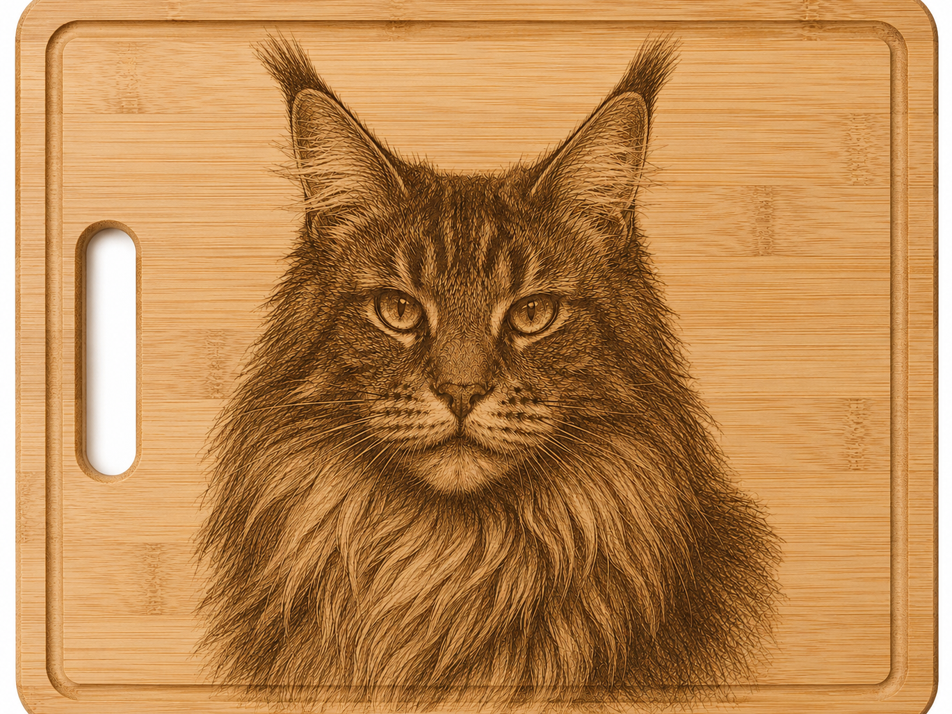 Bamboo Cutting Board Featuring a Detailed Maine Coon Cat Portrait