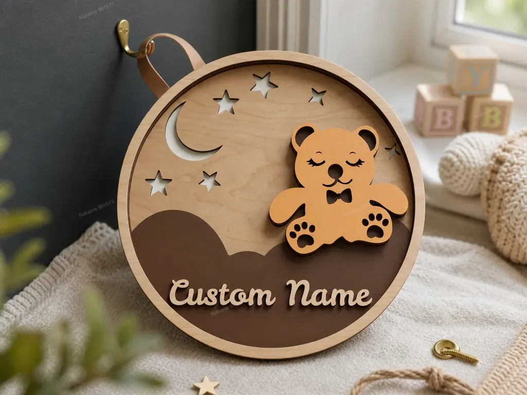 Round Nursery Wall Sign with Sleeping Bear Moon and Stars