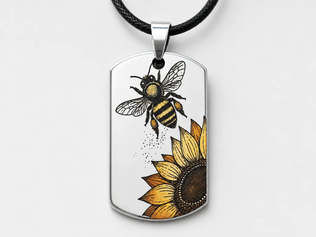 Bee and Sunflower Stainless Steel Dog Tag Pedant Color Engraving Necklace