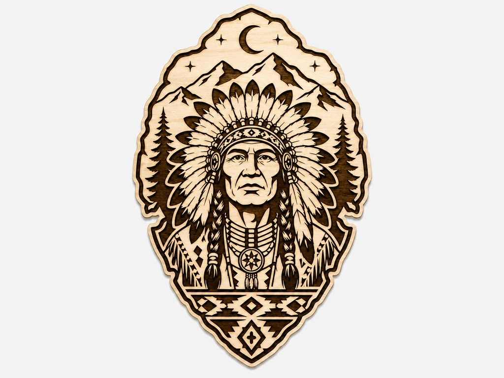Native American Chief SVG XCS | Tribal Warrior Laser Cut Wall Art | Rustic Western Wooden Decor | Glowforge xTool Digital File