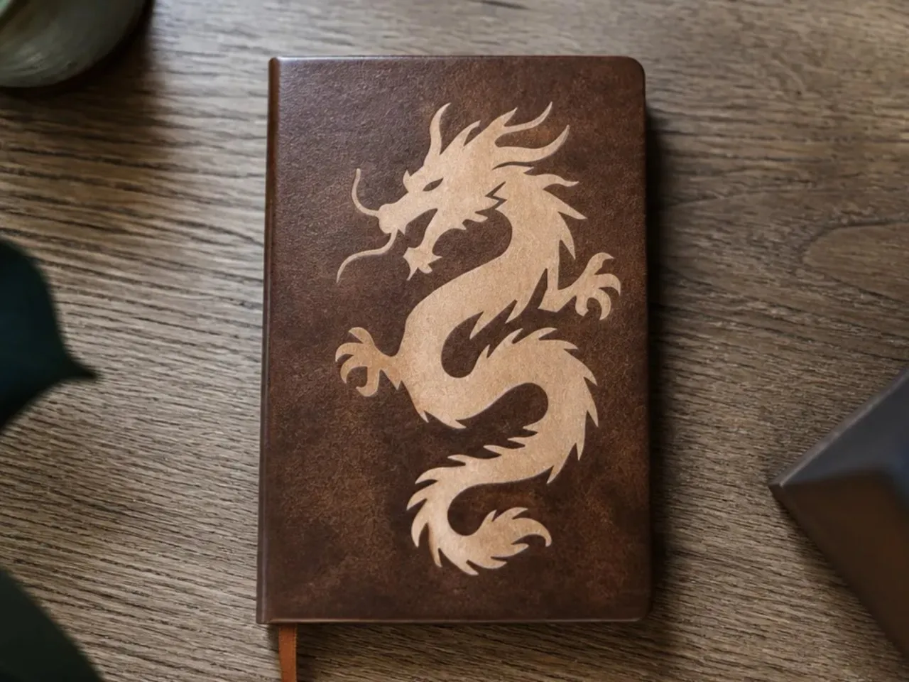 [Laser cut and engrave] Brown Leather Journal Featuring an Intricate Dragon Motif