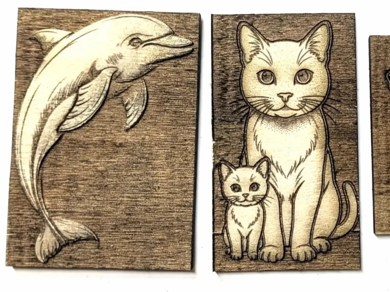 [Laser cut and engrave] Plaques en bois rectangulaires avec illustrations de dauphin et de chats