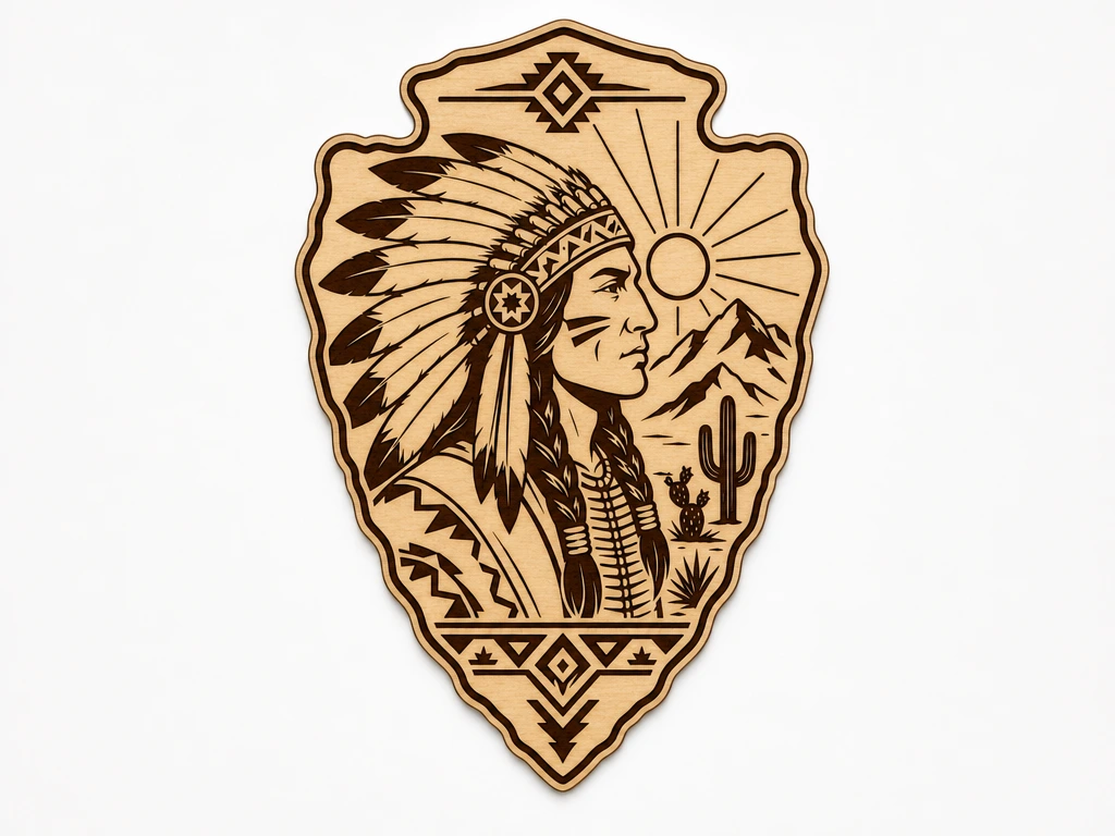Native American Chief Arrowhead SVG XCS | Tribal Warrior Wooden Wall Art | Laser Cut Rustic Western Decor | Glowforge xTool Digital File