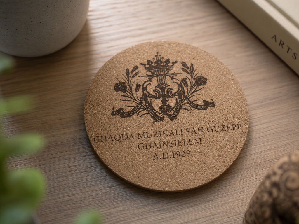 Cork Coaster with Ghaqda Muzikali San Guzepp Ghajnsielem Emblem