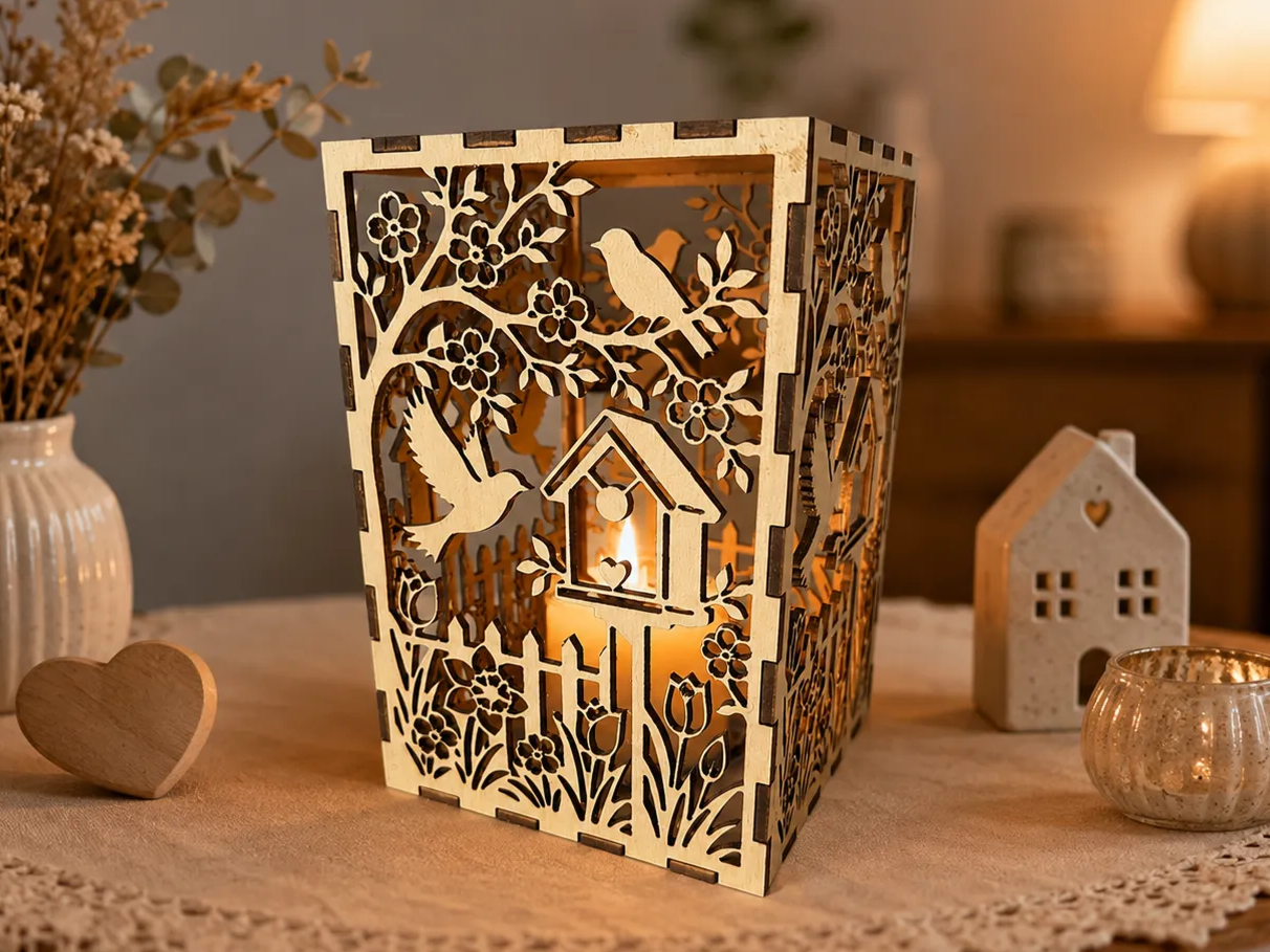 Wooden lantern with birds branches and nest box cutouts glowing garden light idea
