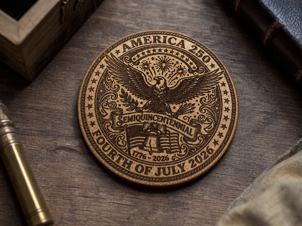 America 250 Semiquincentennial Commemorative Eagle and Liberty Bell Wooden Coaster