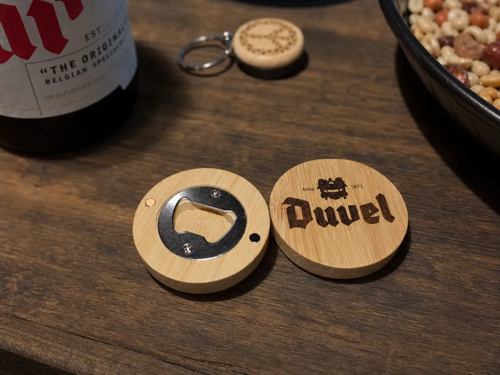 Décapsuleur rond en bois avec logo Duvel