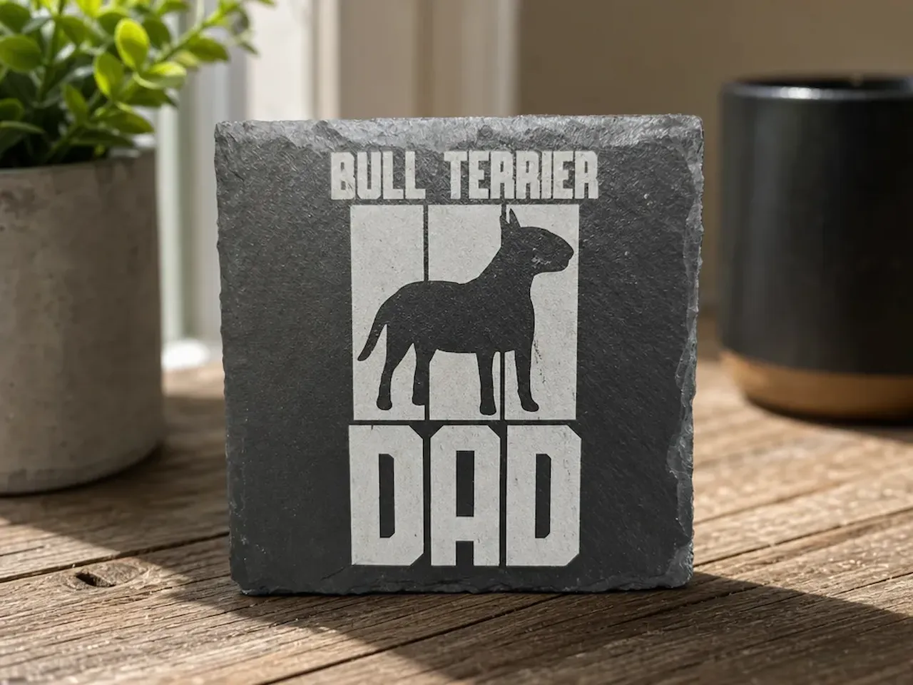 [Laser cut and engrave] Bull Terrier Dad Square Slate Coaster