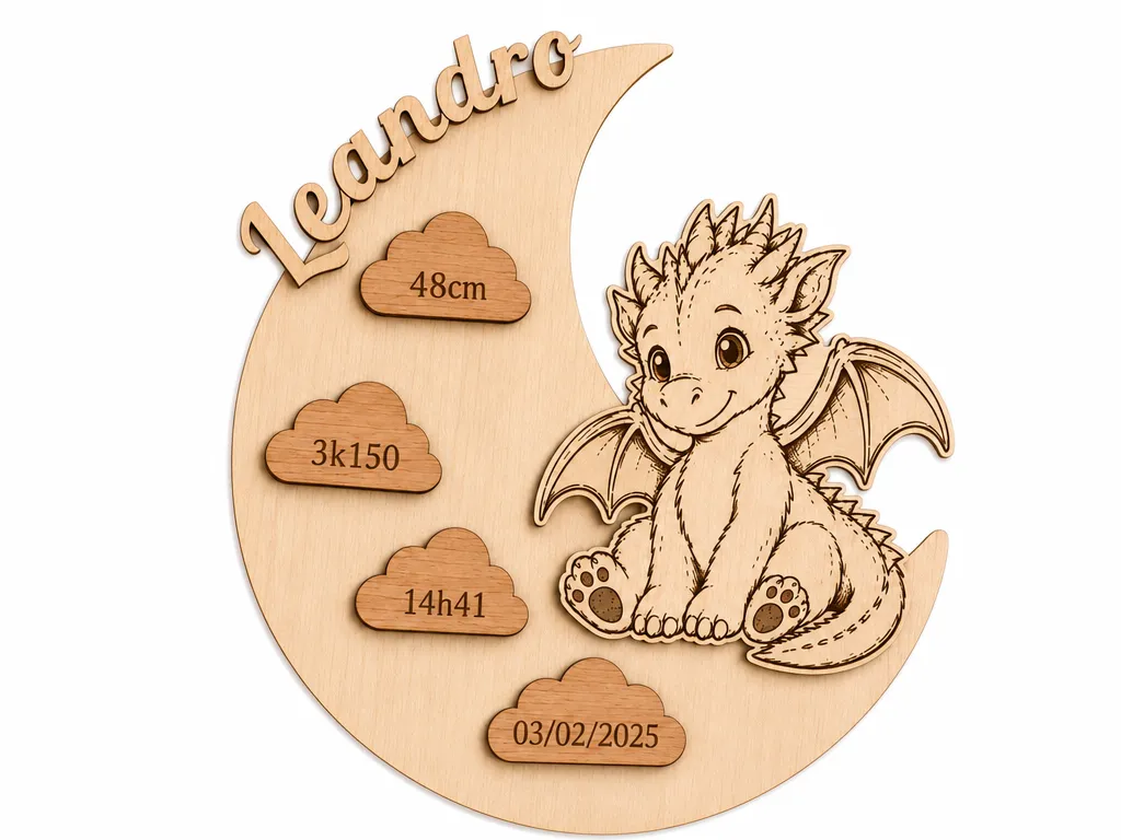 Plaque de naissance personnalisée en forme de lune avec dragon pour chambre d'enfant