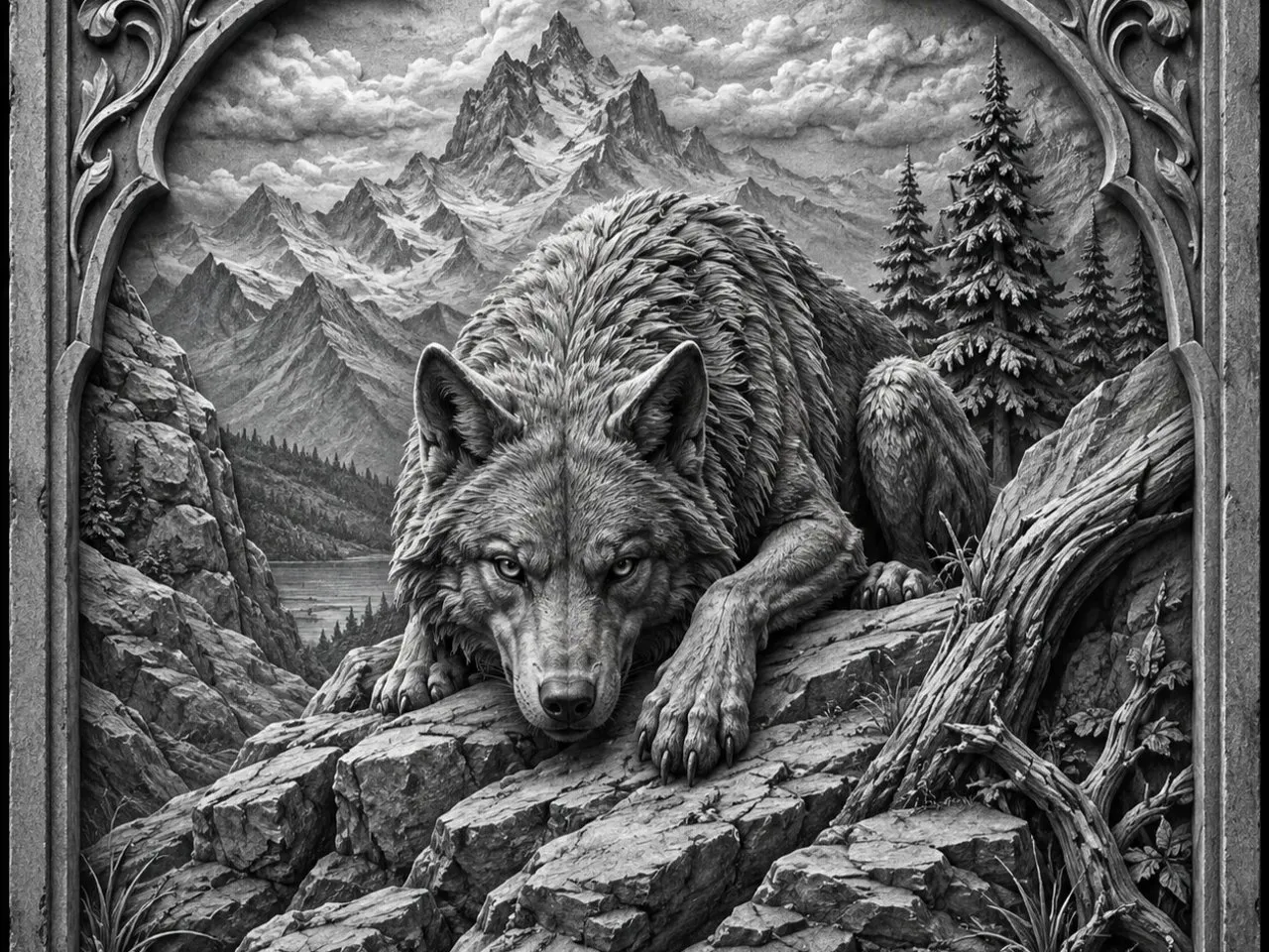 [Laser cut and engrave] Bas-relief mural représentant un loup dans un paysage de montagne