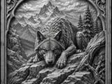[Laser cut and engrave] Bas-relief mural représentant un loup dans un paysage de montagne