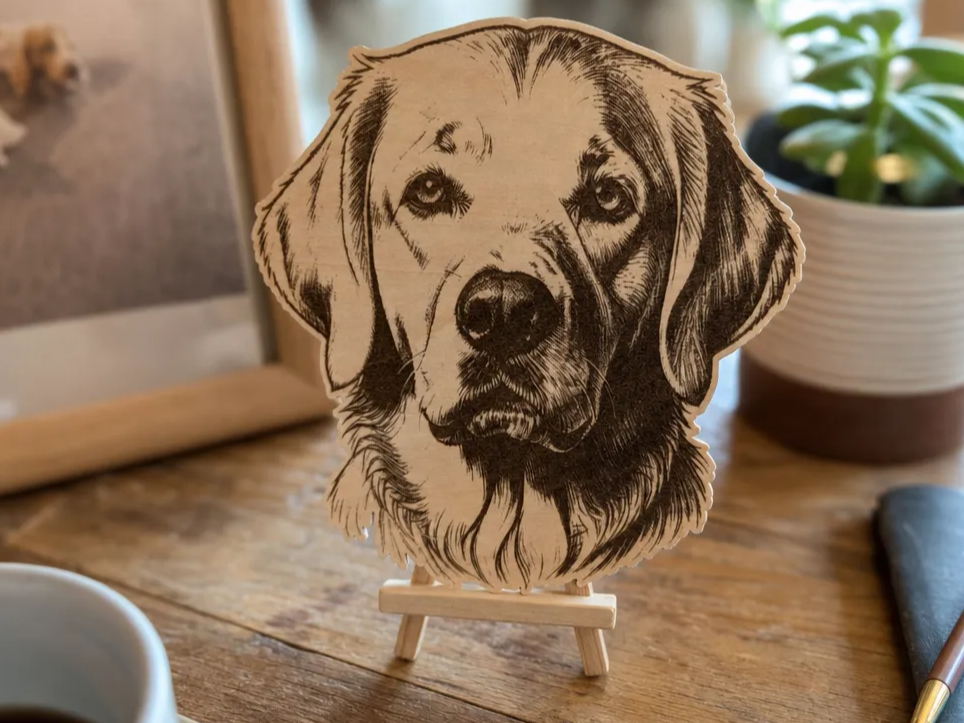 [Laser cut and engrave] Portrait de chien golden retriever sur support en bois