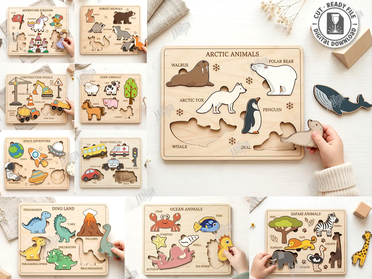 Educational Wooden Animal and Vehicle Shape Sorting Puzzles for Toddlers Laser Cut Bundle. Montessori. Kids Laser