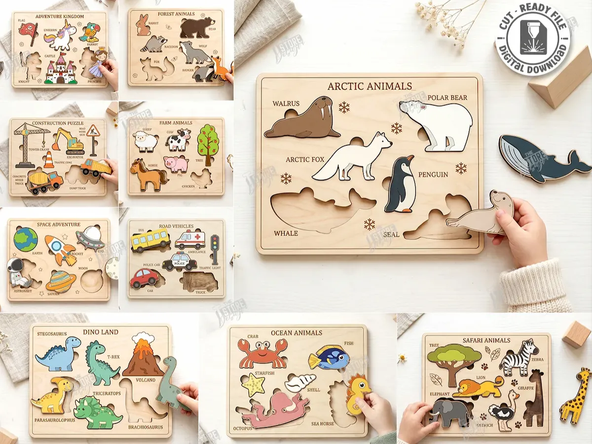 [Laser cut and engrave] Educational Wooden Animal and Vehicle Shape Sorting Puzzles for Toddlers Laser Cut Bundle. Montessori. Kids Laser