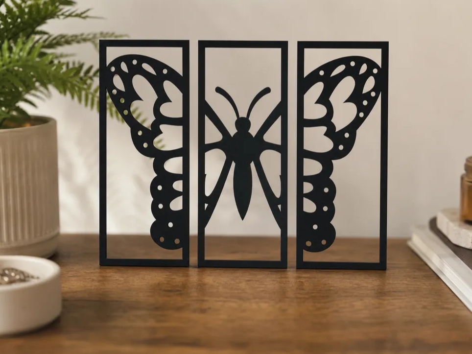 Three-panel butterfly silhouette tabletop art