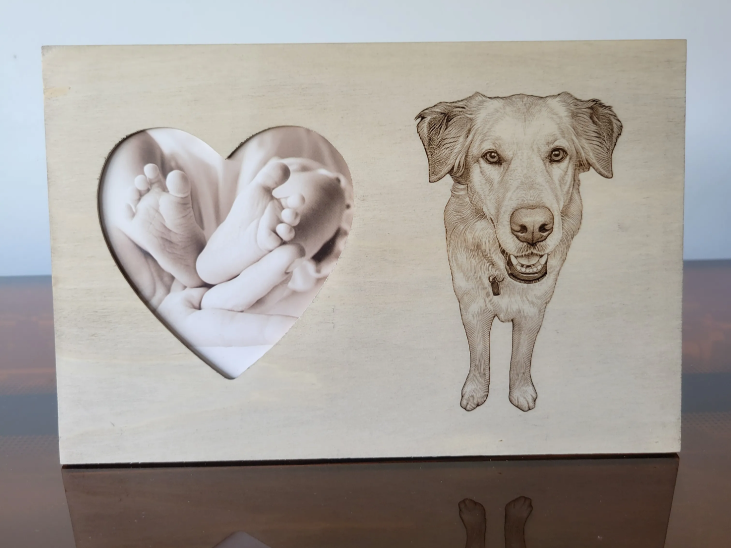 Wooden Picture Frame with Heart Cutout and Dog Portrait