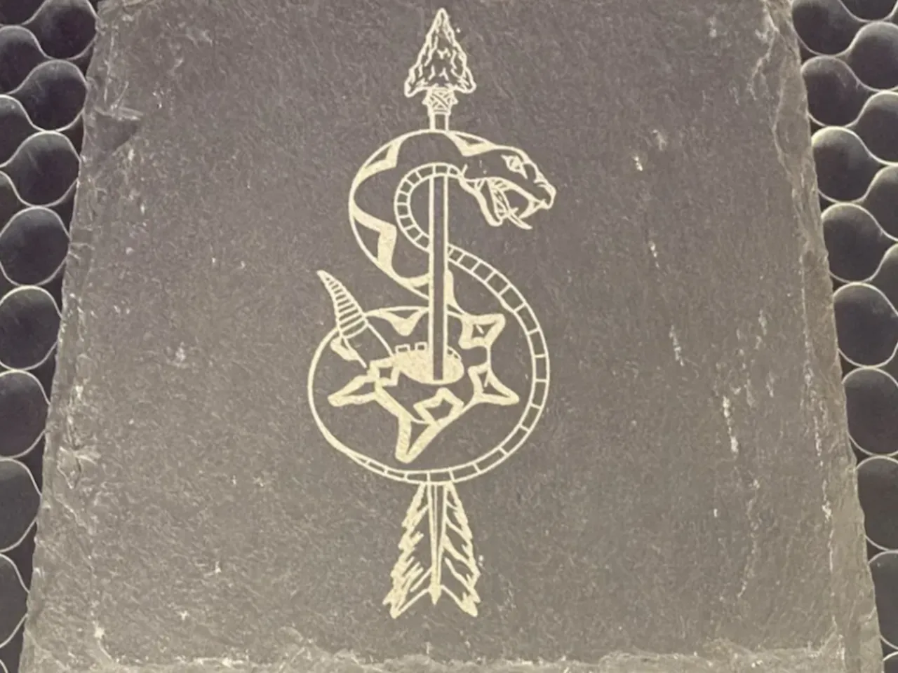 [Laser cut and engrave] Slate Coaster Featuring a Snake and Arrow Motif