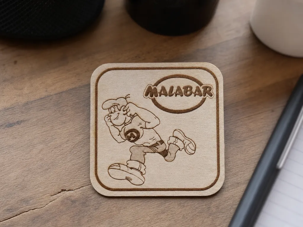 Sous-verre en bois avec illustration du personnage Malabar et son logo
