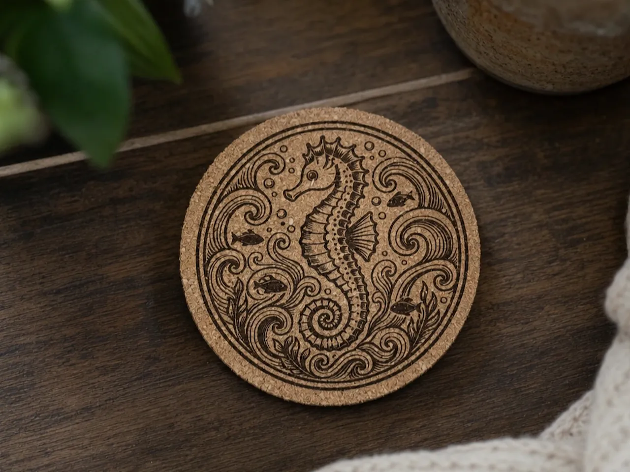 [Laser cut and engrave] Runder Korkuntersetzer mit Seepferdchen Motiv