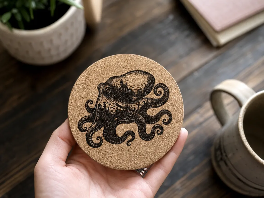 Round Cork Coaster Featuring Detailed Octopus Illustration