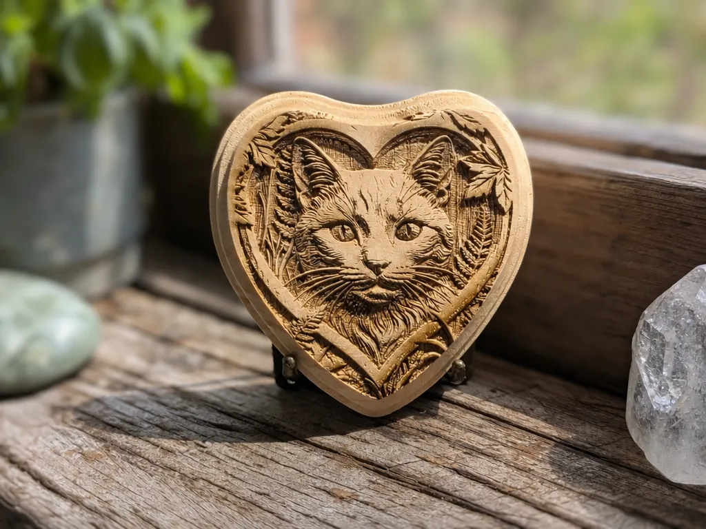 Heart-Shaped Wooden Plaque Featuring a Detailed Cat Portrait