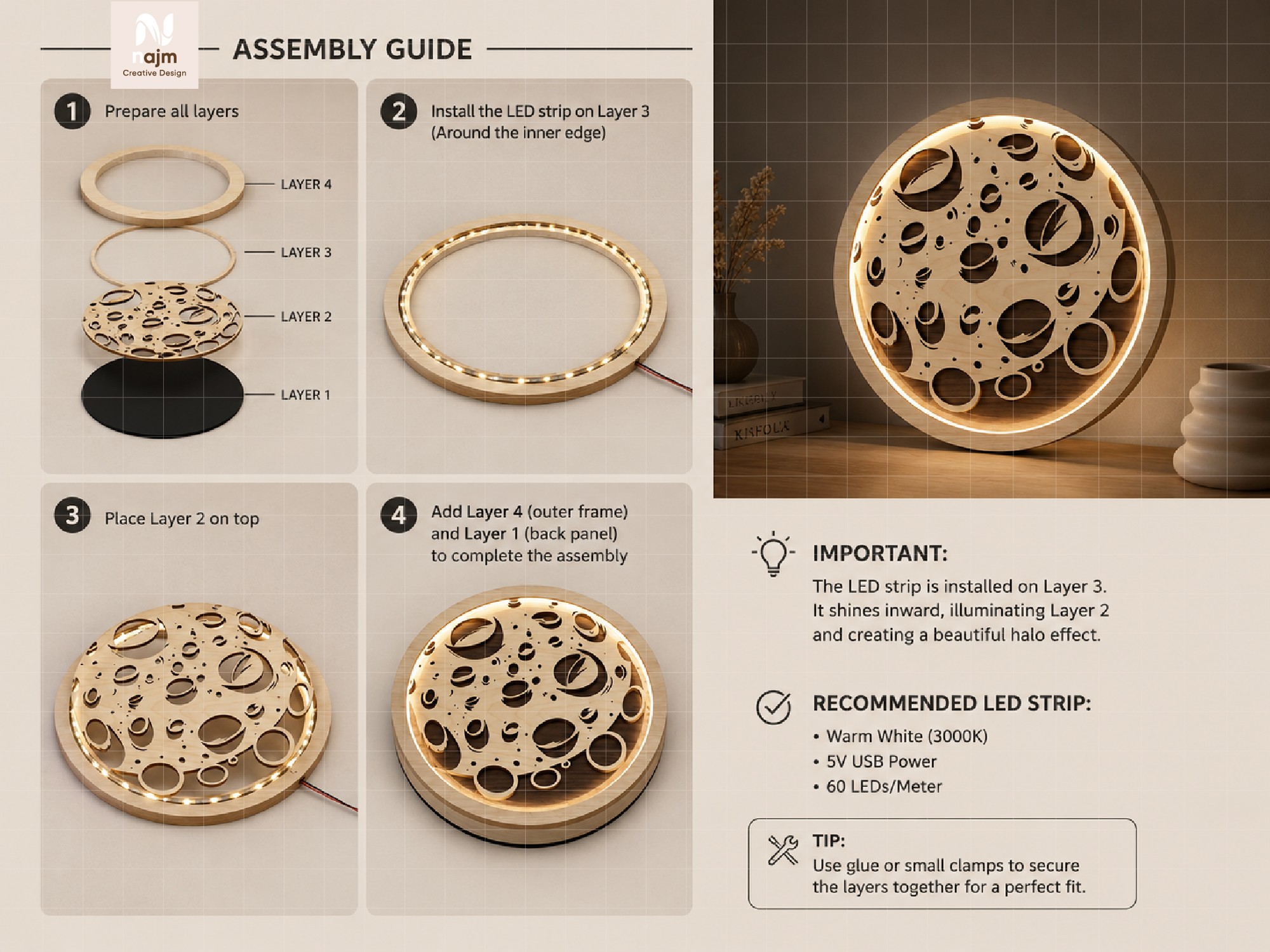 [Laser cut and engrave] Circular Moon Surface Wall Light with Warm Backlit Glow