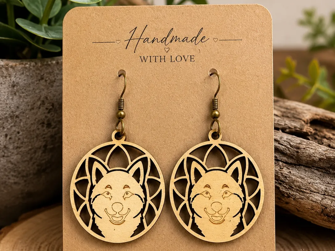 Shiba Inu Circular Wooden Design Dangle Earrings