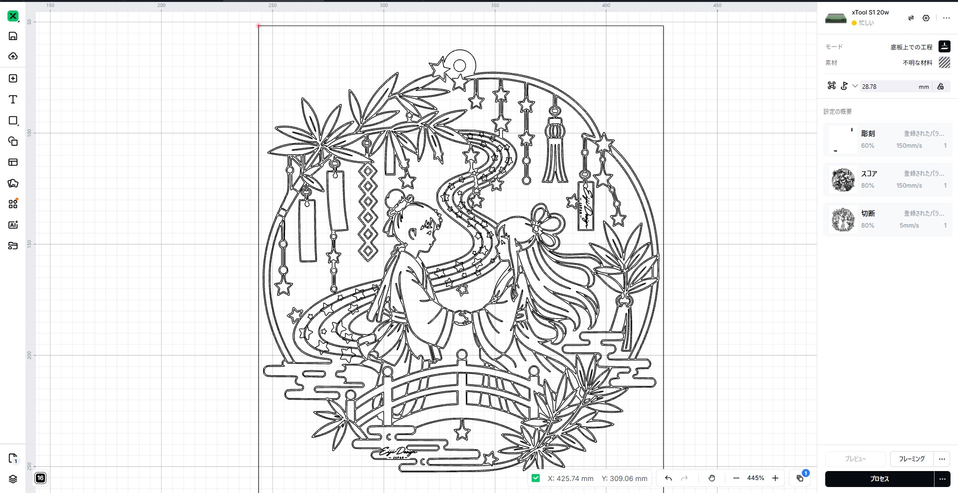 A circular wall-hanging decoration depicting Orihime and Hikoboshi from Tanabata instruction: step 1 - Preparation for processing