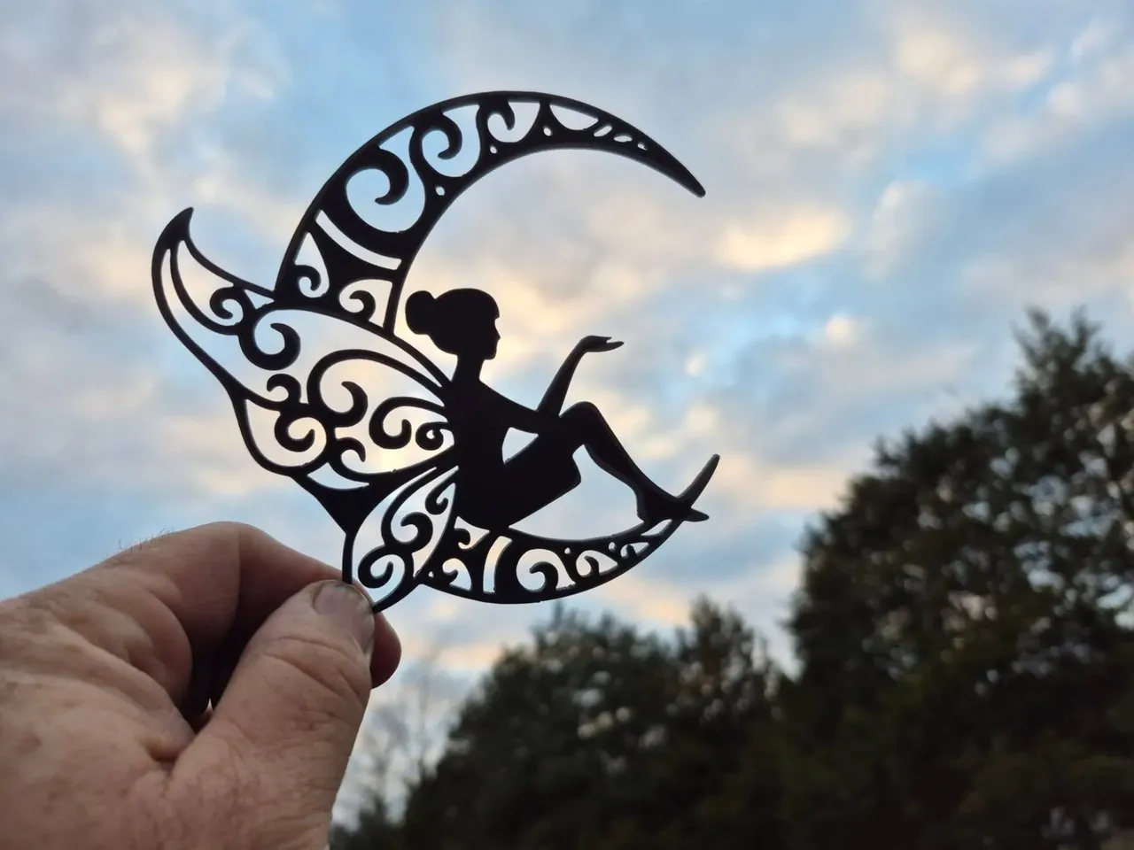 [Laser cut and engrave] Fairy Sitting on a Crescent Moon Silhouette Wall Hanging