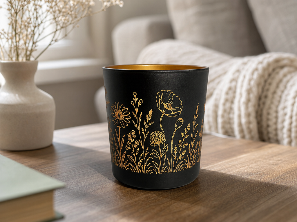 Black candle holder with gold interior, engraved all around with a delicate wildflower meadow design using a rotary laser setup.
