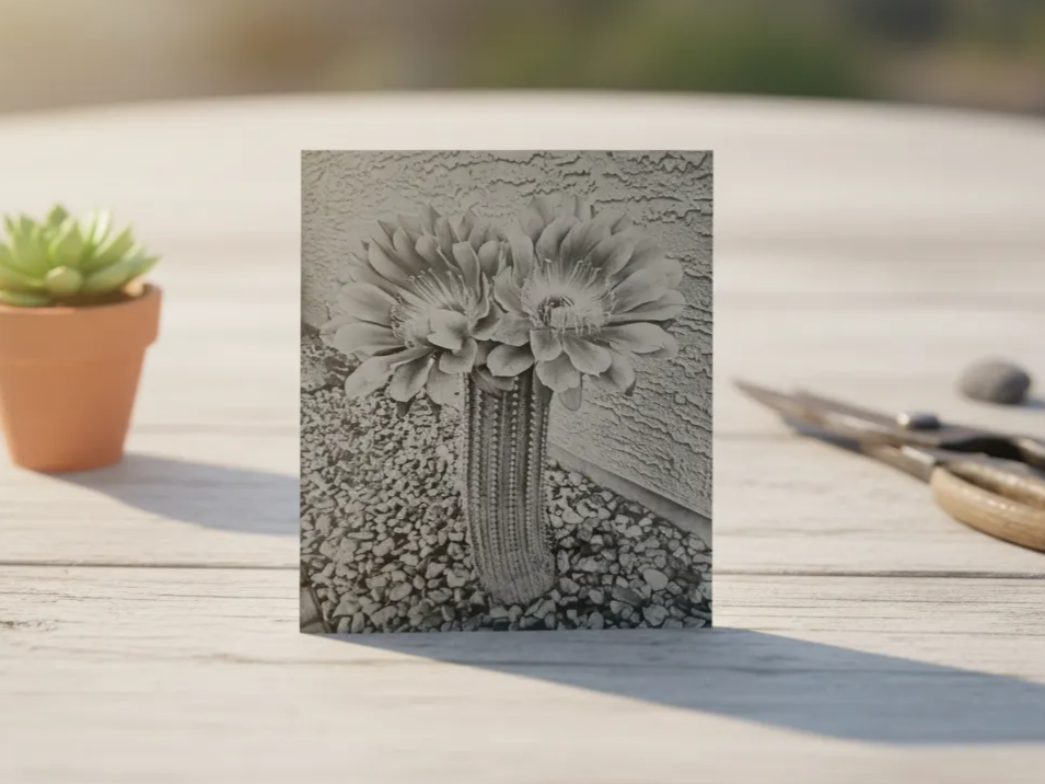 Cactus flower halftone photo engraved on black acrylic