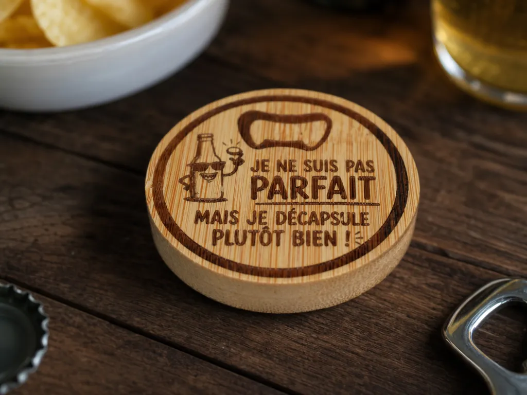 Décapsuleur rond en bois avec message humoristique
