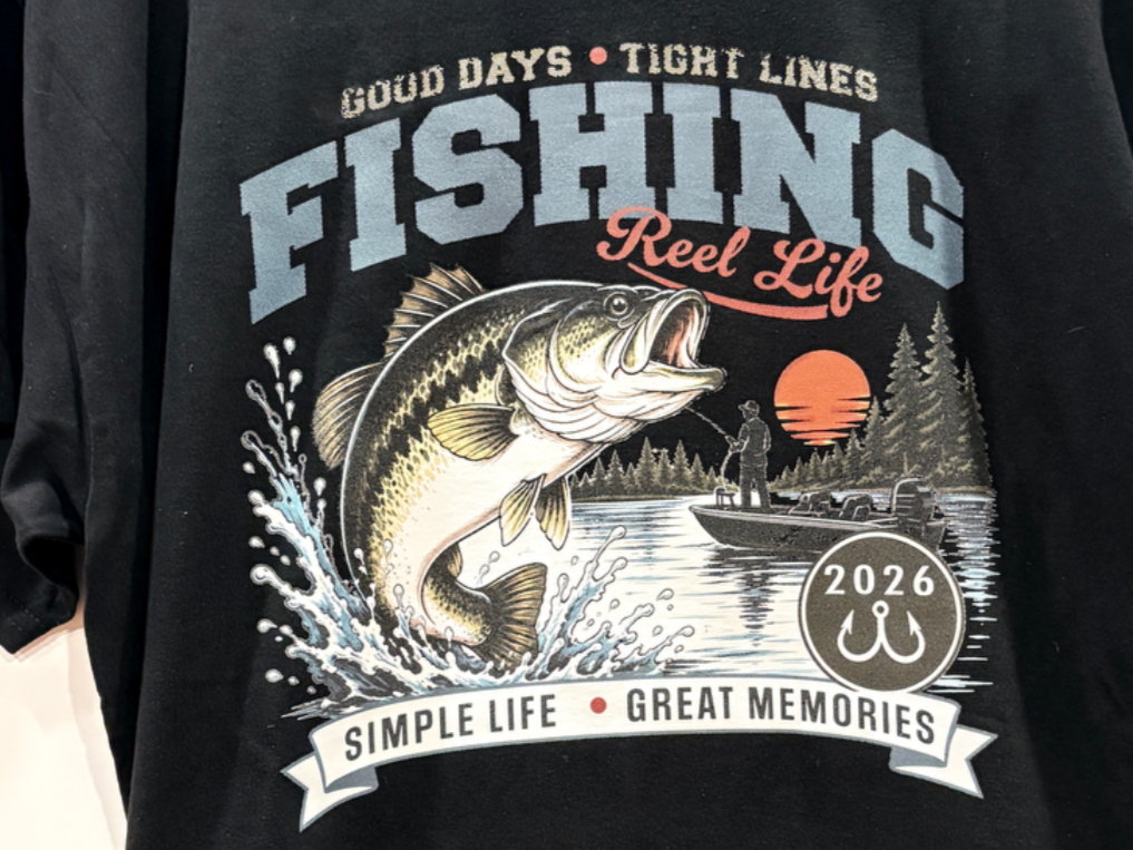 Fishing Reel Life Graphic T-Shirt with Bass and Lake Scene