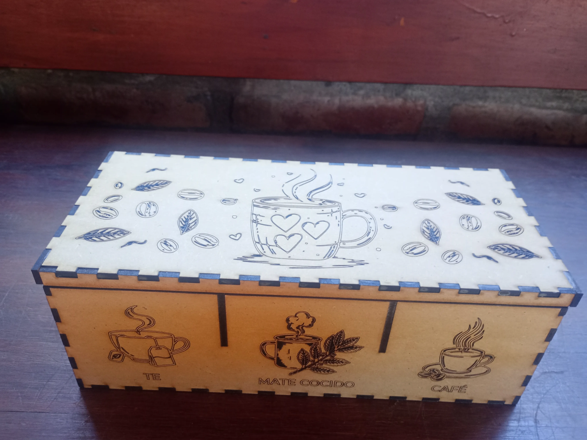 Caja organizadora de madera para té, mate cocido y café