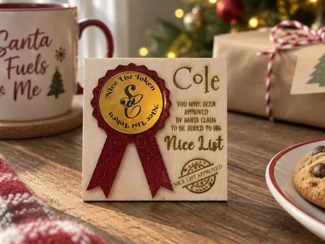 Personalized Santa Nice List Token Award for Kids  (token & rosette in seperate file)